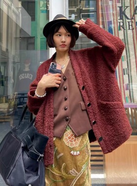 原创私藏挚爱软糯枣泥羊毛开衫经典百搭针织衫宽松低调慵懒外套女