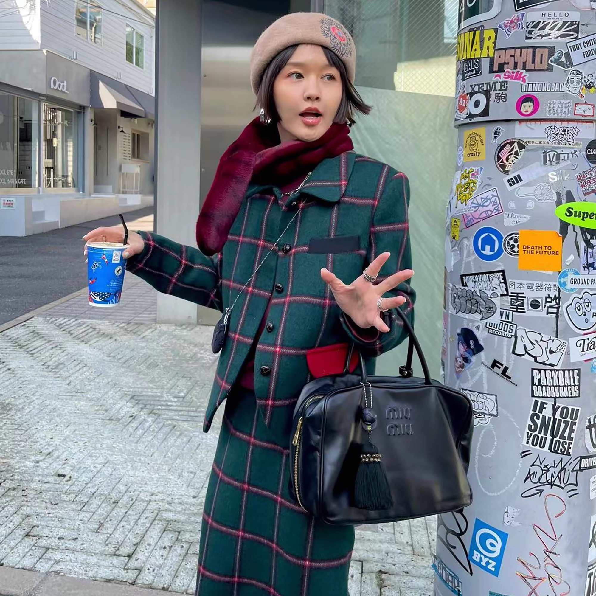 撞色英伦格纹西装半身裙套装