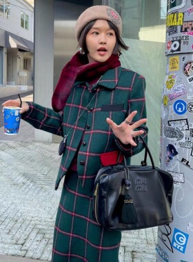 FreshMany原创设计圣诞限定复古时髦撞色英伦格纹西装半身裙套装