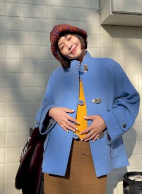 桃乐丝元气夏尔加蓝加厚羊绒外套 实穿百搭洋气显白宽松短款大衣