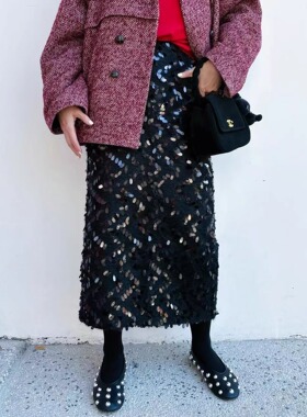 典藏黑森林法式老钱闪片半裙高级设计感小众百搭黑色中长裙直筒裙