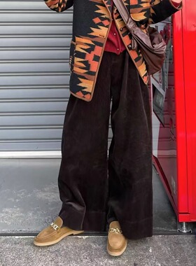 典藏乌木色复古灯芯绒2024新款高级感vintage百搭阔腿裤工装长裤
