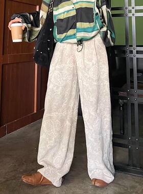 重磅刺绣休闲舒适亚麻裤子高级感小众百搭复古宽松休闲长裤阔腿裤