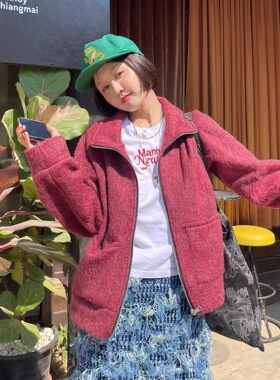 FreshMany开年元气复古红外套时髦不费力松弛酒红羊毛针织毛衣