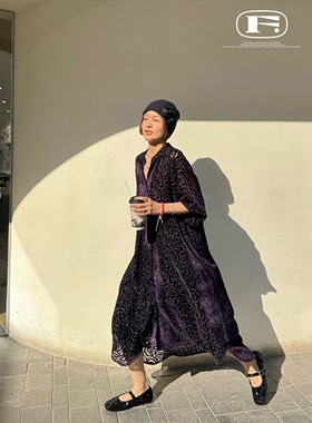 限量15件！魔法紫禁仙气 韩国进口烧花丝绒连衣裙长袖显瘦衬衫裙