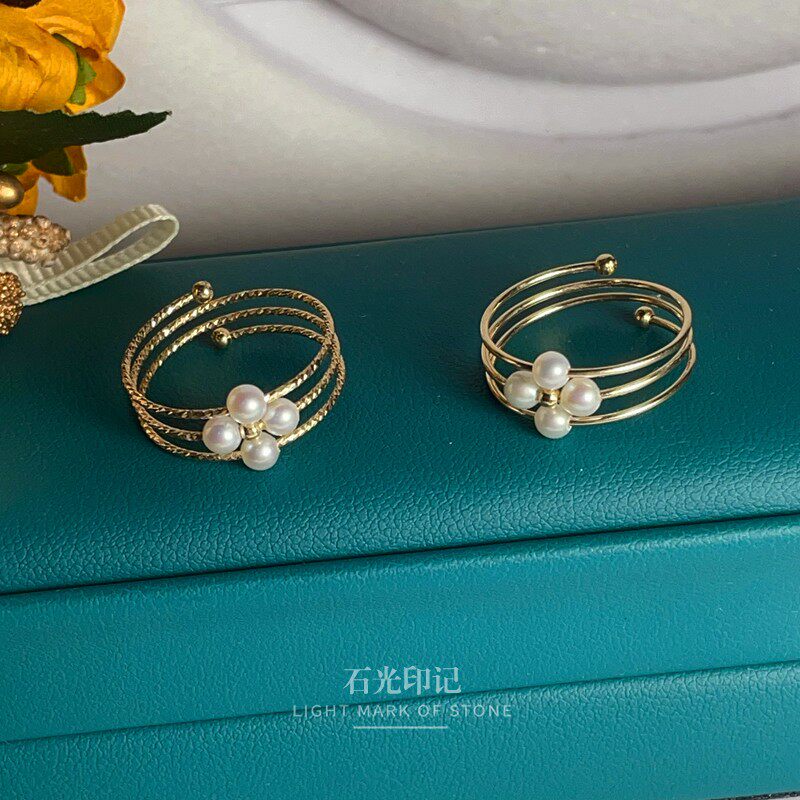 原创设计四叶草天然珍珠戒指多层叠戴美国14k包金指环水洗不褪色