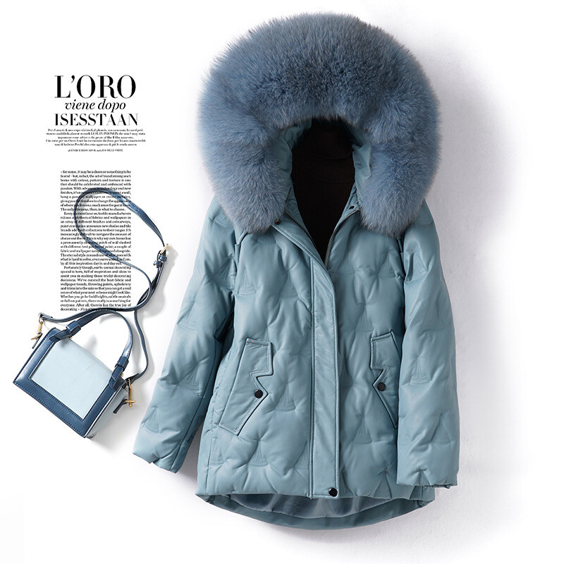 羽绒服女常规款连帽狐狸毛领宽松绵羊皮衣2024新款海宁白鸭绒真皮