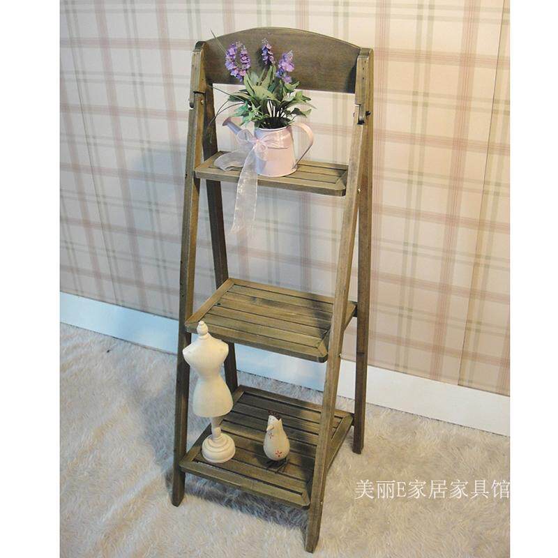 美式 实木做旧工艺花架 田园系列木质仿古收纳架多层架置物架子