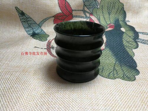 天然玉石活磁墨玉茶杯竹节