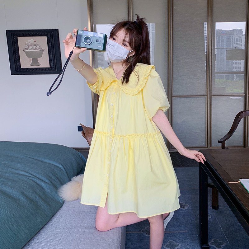 法式甜美黄色娃娃领泡泡袖连衣裙女夏季2025新款小个子宽松娃娃裙，女装连衣裙，浙宝296A
