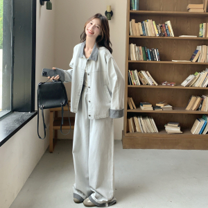 【新款现货】296A-灰色拼色牛仔套装296A-8180-P195-K318图片