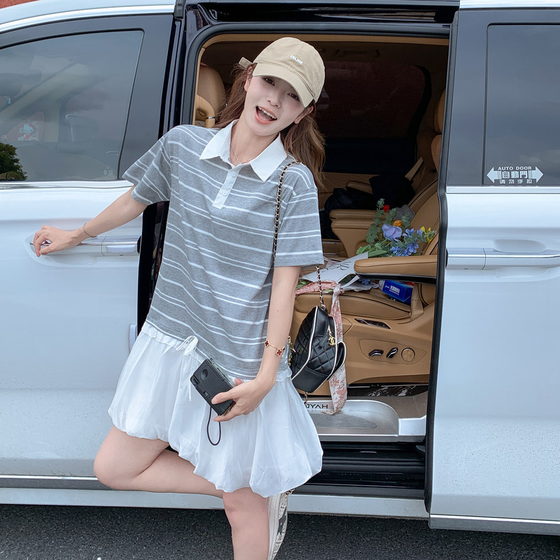 【26新款】条纹灰白花边拼接连衣裙2B130-2609-P150-K258,女装连衣裙,浙宝296A