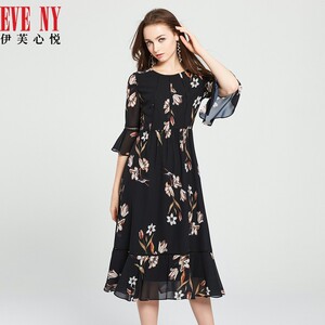 EVENY伊芙心悦春夏季优雅淑女荷叶袖长款收腰印花连衣裙