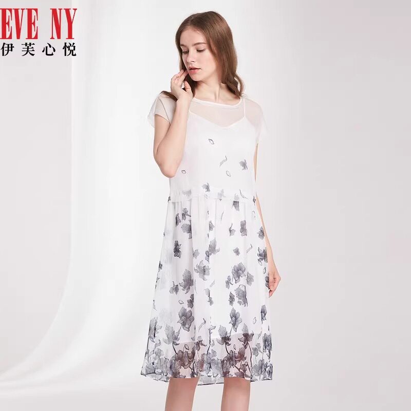 EVENY伊芙心悦女装春夏季轻薄贴边圆领短袖两件套印花连衣裙