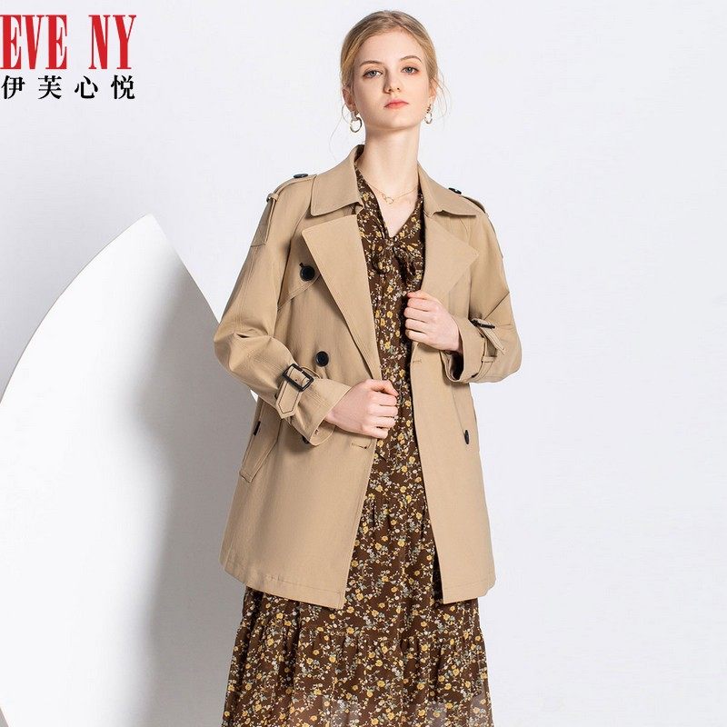 eveny伊芙心悦春季新款翻领双排扣英伦系带短款女风衣外套