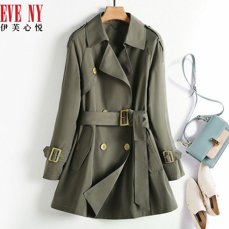 eveny伊芙心悦春季新款双排扣翻领时尚经典收腰显瘦风衣外套女