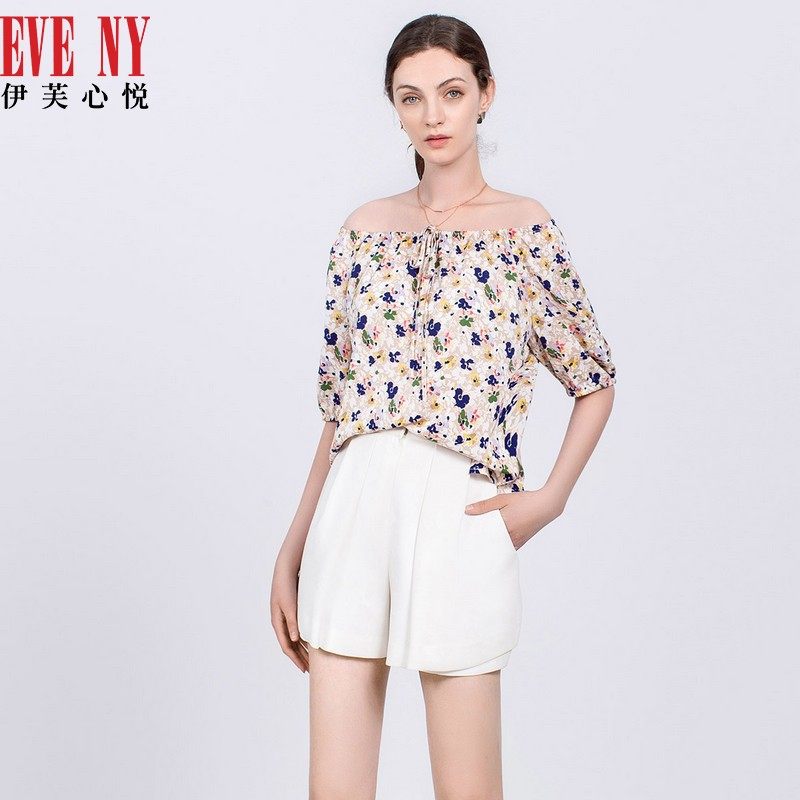 EVENY伊芙心悦夏季新款圆领抽绳蝴蝶结碎花时尚舒适女式衬衫