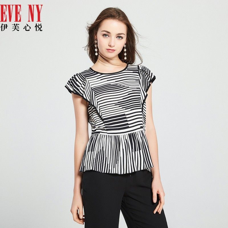 eveny伊芙心悦春夏季黑白条纹荷叶边收腰短袖圆领上衣