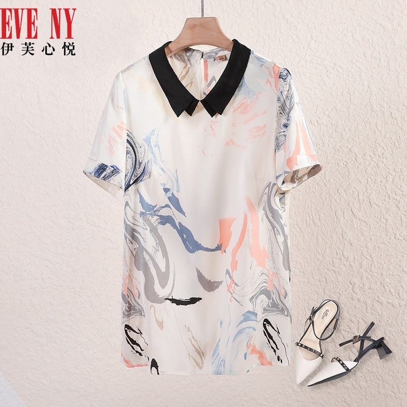 EVENY伊芙心悦夏季新款优雅气质翻领衬衣时尚撞色花纹女士衬衫