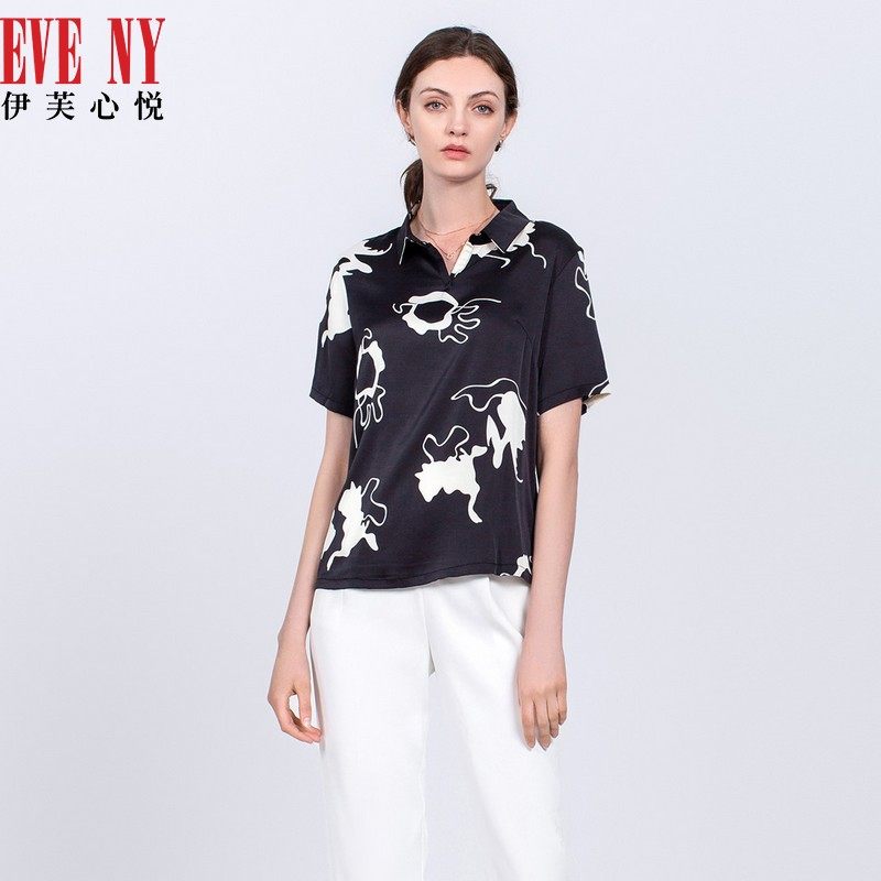EVENY伊芙心悦夏季新款时尚简约印花短袖衬衫T恤女