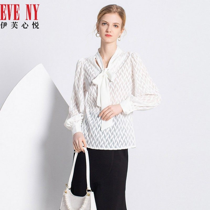 EVENY伊芙心悦春夏新款蝴蝶结领衬衣气质优雅长袖衬衫上衣
