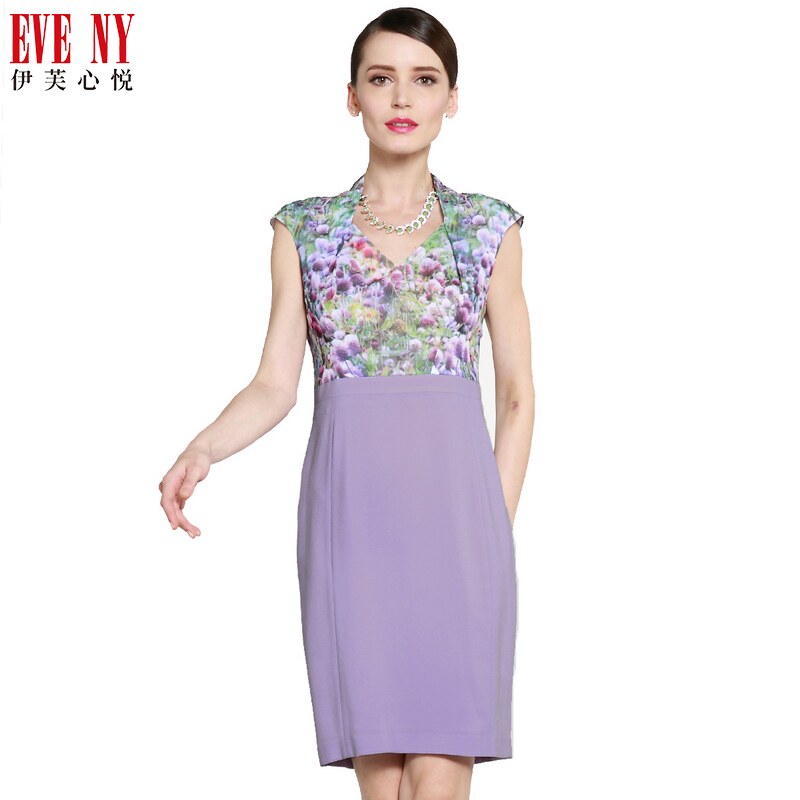 eveny伊芙心悦春夏季天猫女装优雅紫色拼花高腰连衣裙