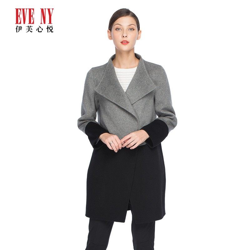 EVENY伊芙心悦天猫女装冬季时尚灰黑撞色翻领收腰双面呢大衣
