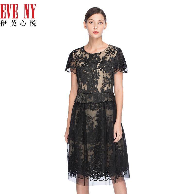 EVENY伊芙心悦春夏季修身典雅蕾丝网纱双层短袖连衣裙