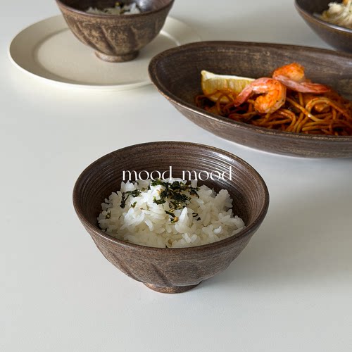 mood 景德镇斑驳棕米饭碗 粗陶手工剔刻高脚碗斑驳侘寂风手作陶瓷