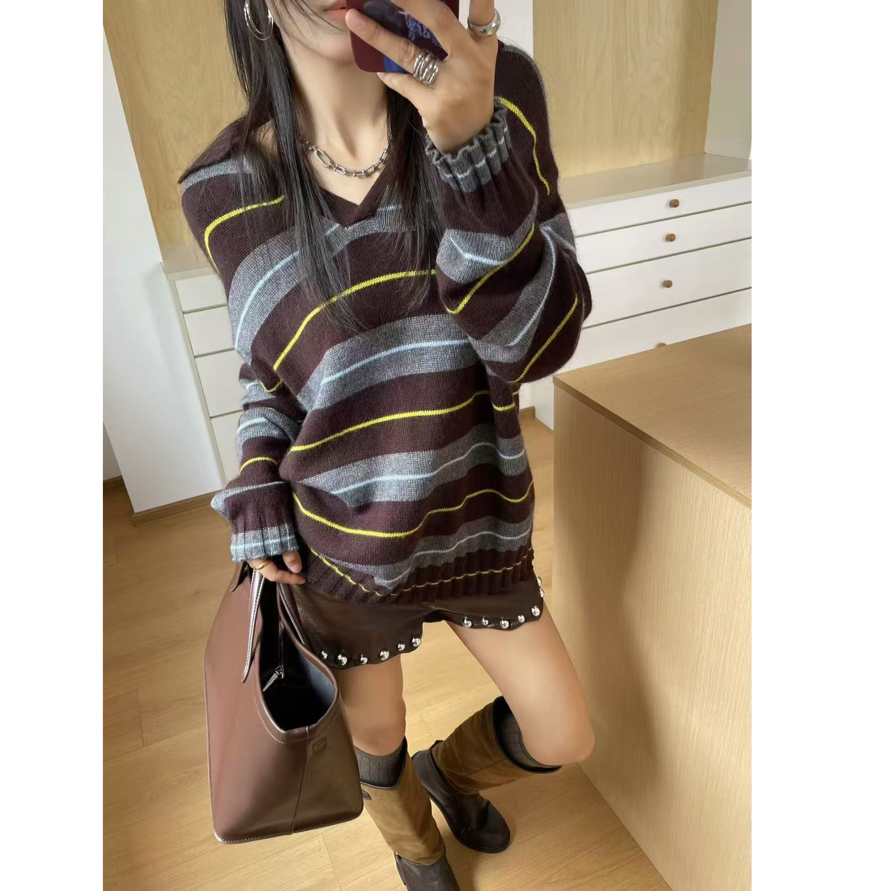 长袖条纹拼色翻领针织衫百搭显瘦