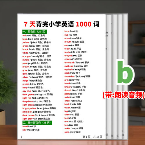 7天背完小学英语1000词单词汇总表大全分类背诵记忆学习卡片闪卡