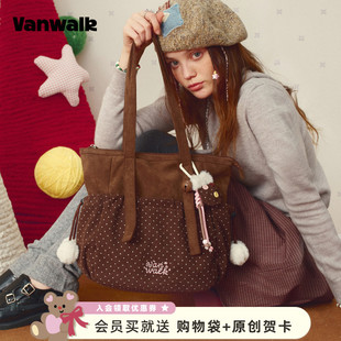 VANWALK圣诞系列 波点拼接托特包女大容量通勤包复古绒面单肩包