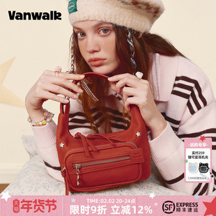 VANWALK lucky pony新款女生波点单肩斜挎包高级感红色皮包手提包