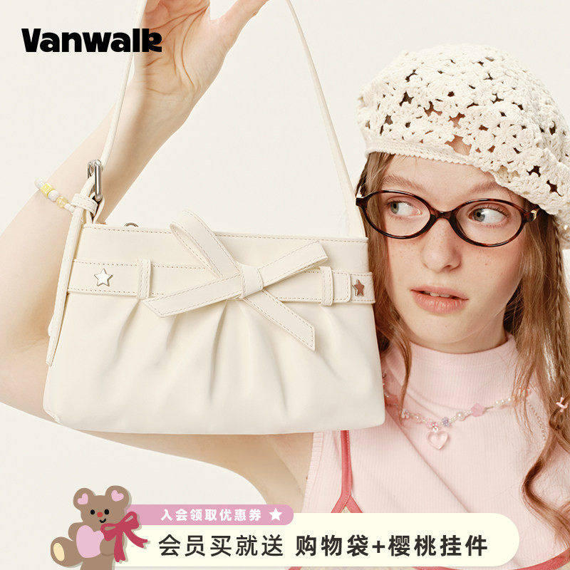 VANWALK手账系列 小众设计新款蝴蝶结单肩腋下包女休闲褶皱手提包