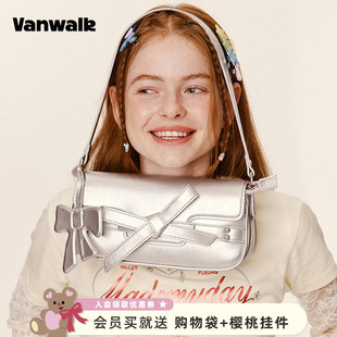 VANWALK 蝴蝶结少女牛仔法棍包复古休闲小众简约单肩腋下包包 新款