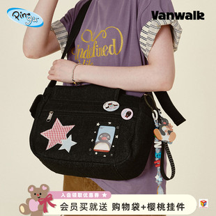 Pingu企鹅大容量通勤黑色牛仔单肩斜挎包女百搭邮差包ins VANWALK