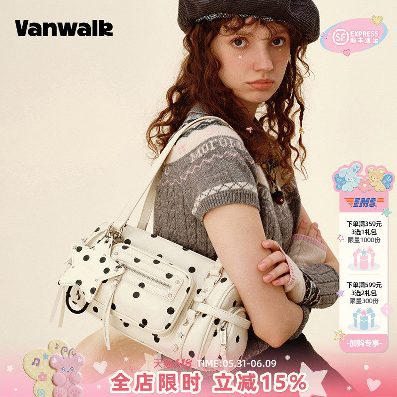 VANWALK松果部落 小众新款大容量波点保龄球包包女手提单肩腋下包