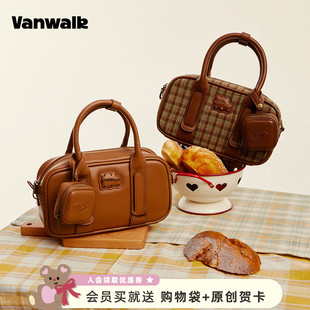 波士顿保龄球单肩手提斜挎包包棕色女款 house 小众 lucky VANWALK