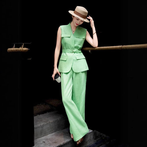 夏季无扣亚麻显瘦马甲阔腿裤套装