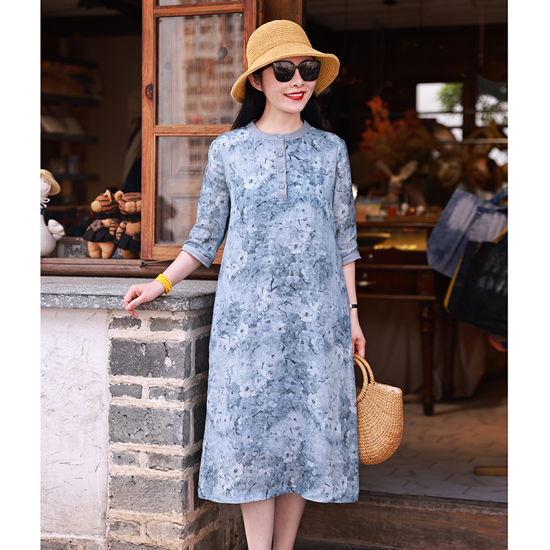 墨梨/十木米原創(chuàng)夏季新款苧麻印花文藝復(fù)古中長連衣裙