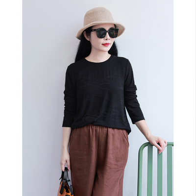 随心/十木米原创秋冬款弹力针织提花百搭圆领长袖打底衫上衣女