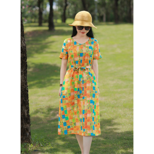 亚麻印花文艺小个子中长连衣裙 新款 小长假 十木米原创夏季