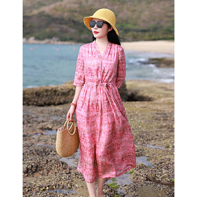 柔妆/十木米原创夏新款苎麻印花文艺优雅气质V领显瘦双层连衣裙