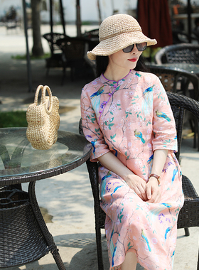 如/梦令 十木米原创夏新款苎麻印花复古斜襟改良旗袍连衣裙