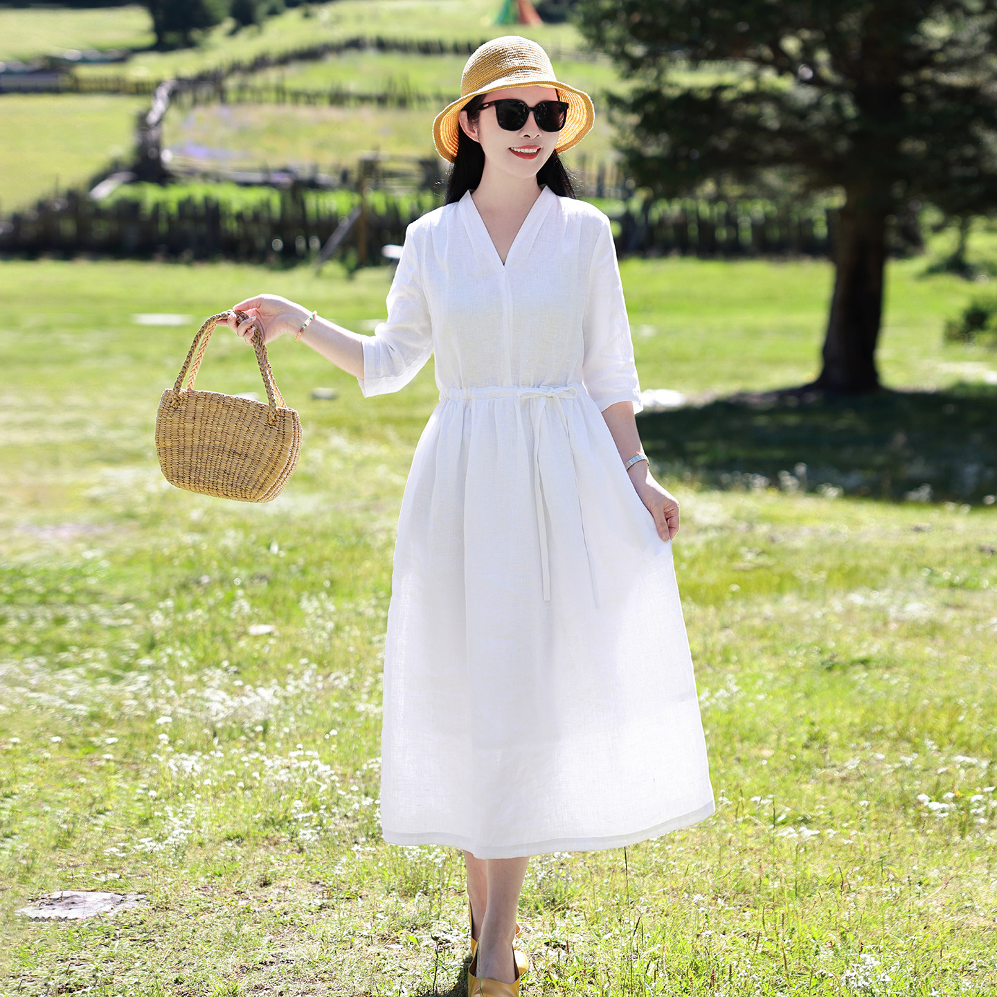 梨花溪/十木米原创夏款百分百亚麻文艺气质优雅显瘦长款连衣裙