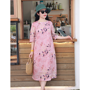 苎麻印花文艺复古双层新中式 新款 连衣裙 十木米原创设计夏季 花镜