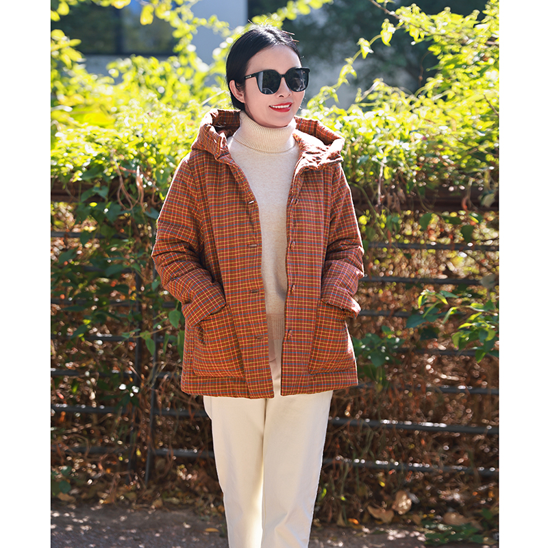 自由歌/十木米原创冬新款全棉色织格子百搭连帽加厚棉服短外套女