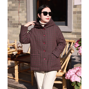 小团圆/十木米原创冬新款全棉色织格子百搭连帽加厚棉服短外套女