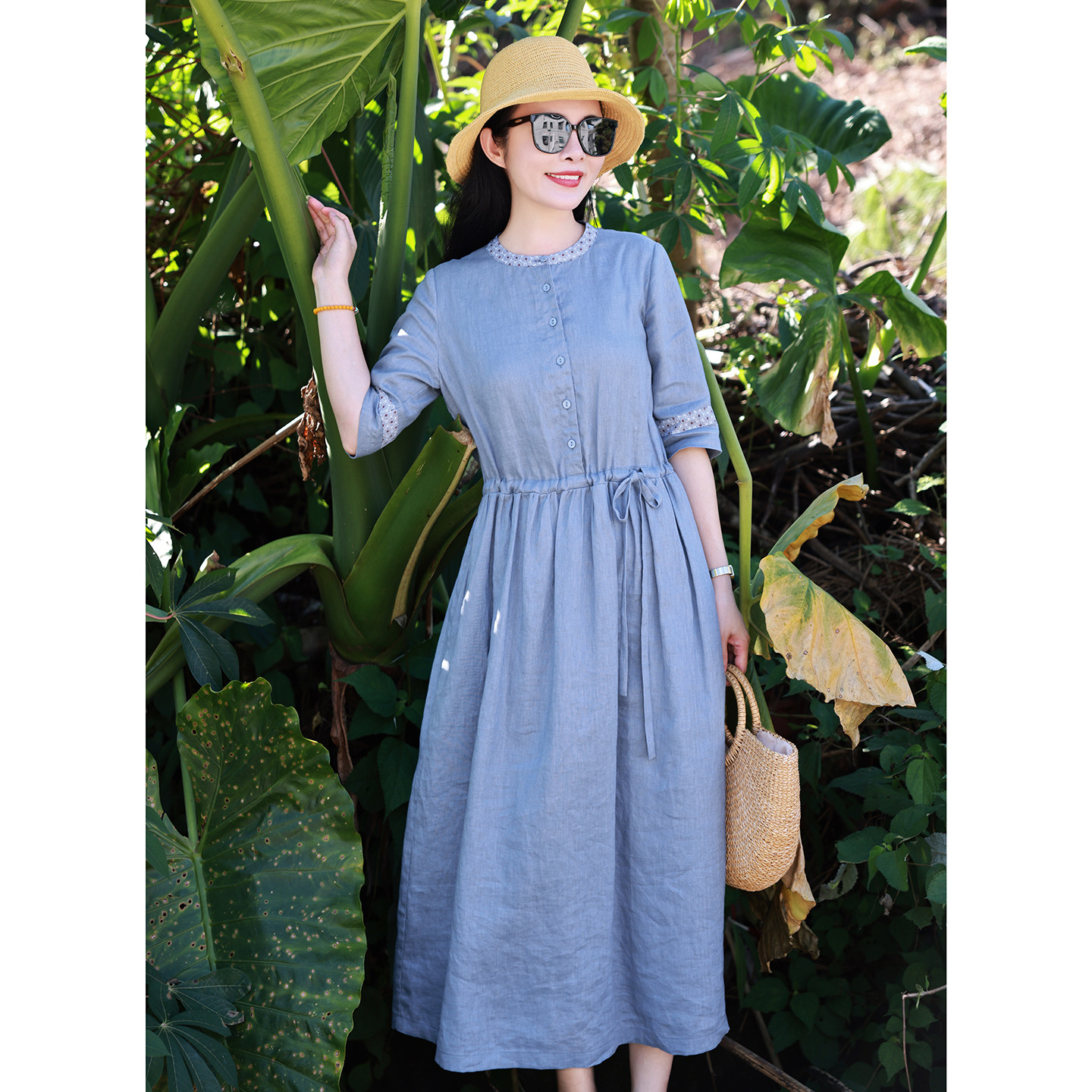 静时光/十木米原创夏款百分百亚麻文艺气质优雅显瘦长款连衣裙