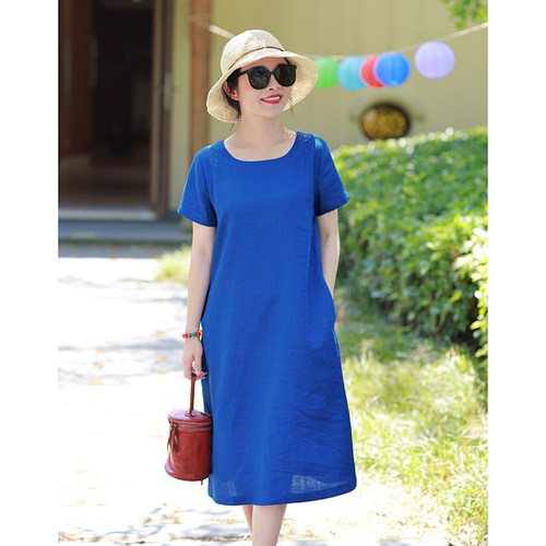 六姐妹/十木米原创进口14支亚麻旅行文艺简约多巴胺色中长连衣裙